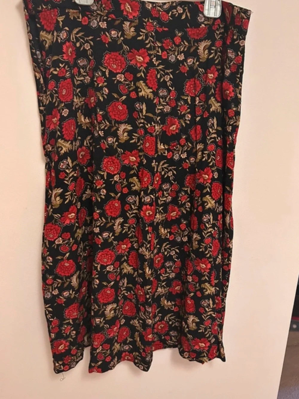 Susan Bristol Black Midi Skirt with Red Floral Print
